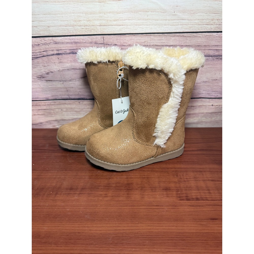 Cat & Jack Toddler Girls Tan Glitter Faux Fur Winter Boots Size 9 NWT